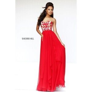 Sherri Hill Dress Size 10 Prom Pageant Gala Formal Gown Flowy Red Gold  # 1924